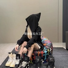 2025自主暗黑经典RO风巫师帽男女斜拉链抓绒高街卫衣外套帽衫黑色