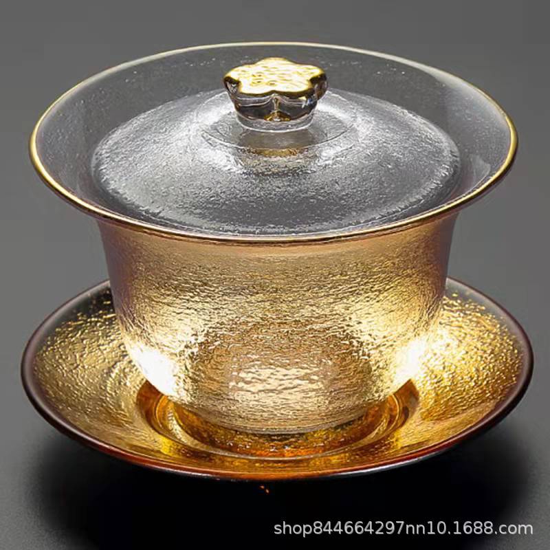 Tazón para té de vidrio de gran capacidad Sancai, borde dorado hecho a mano, resistente al calor, no quema las manos, producto de alta gama