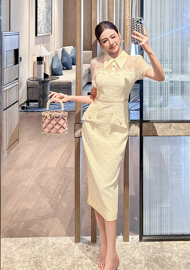 Váy đầm nữ cổ búp bê tay ngắn ôm dáng qua gối phong cách tiểu thư — Màu be chi tiết 4