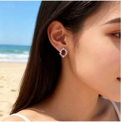 Natural crystal gemstone earrings, diamond-shaped S952 sterling silver inlaid with colored gemstones, zircon earrings wholesale