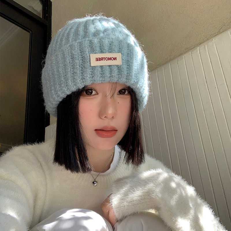 蓝色针织毛线帽女2025秋冬季大头围百搭帽子显脸小保暖护耳包头帽|undefined