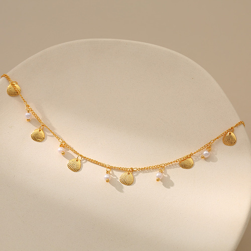 Elegant 18K Real Gold Plated Pearls Beaded Anklet Chain with Unique Small Shell Pendant, French Beach Style Design