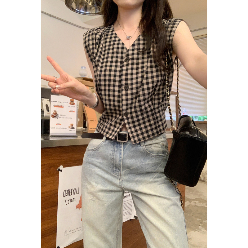 特別オファー卸売デザインレトロな赤いチェック柄スリムノースリーブシャツフェミニンな夏の新しいスタイルのユニークなVネック|undefined