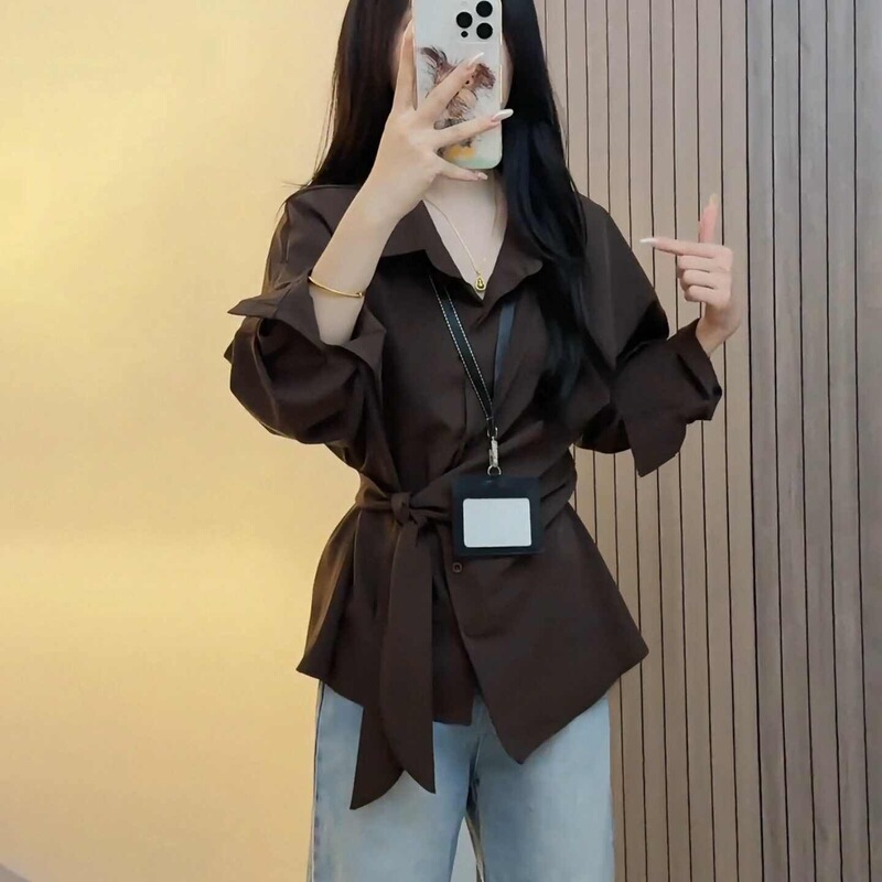 Women's long-sleeve shirt with straight shoulders, elegant and versatile, waist-cinching, autumn style, plus size, with ties, Korean style blouse
