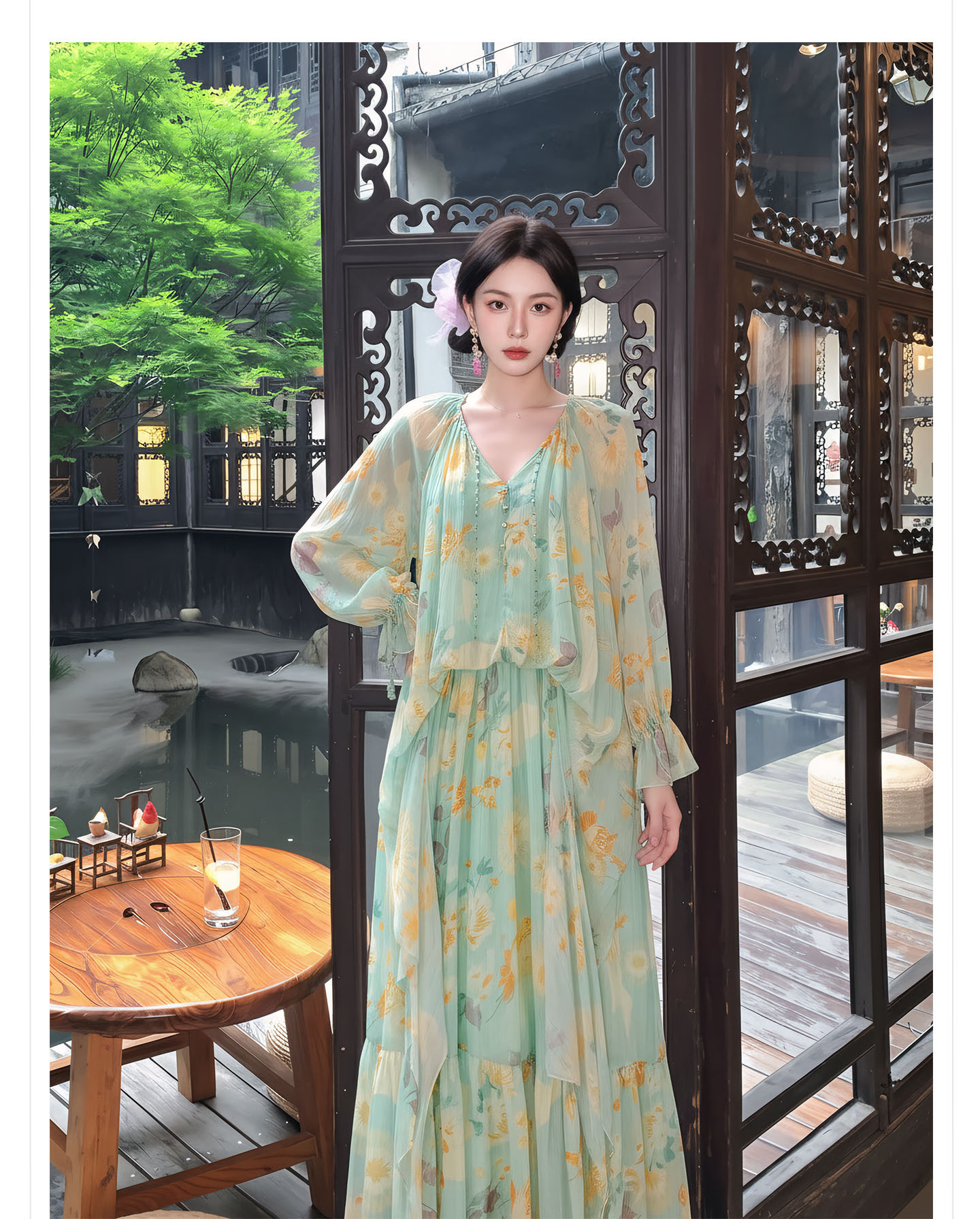 Đầm maxi nữ thắt eo phong cách Tân Trung Hoa in họa tiết thiết kế giả hai lớp — Thiên Thanh chi tiết 8