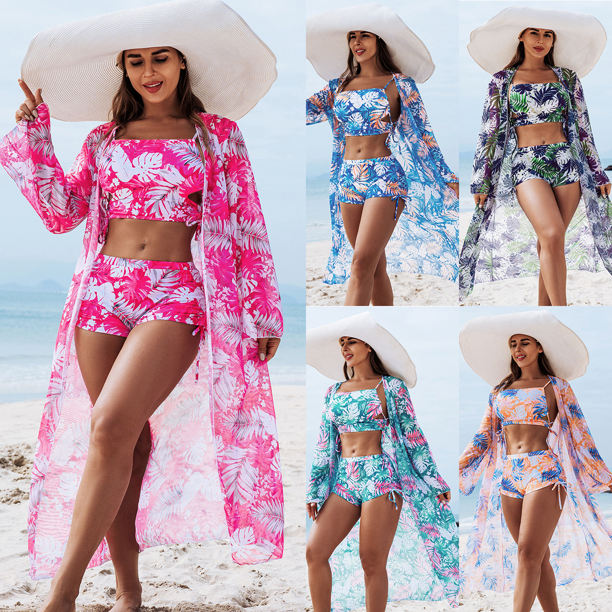 La nueva moda europea y americana de alta gama sexy multicolor impresión de tres piezas set bikini bikini trajes de baño para mujeres