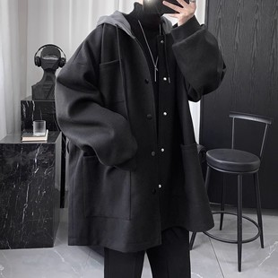 Quilted Hooded Woolen Coat Men's Mid-length Woolen Coat Men's Winter Thickened Black Korean Clothes Men's Loose