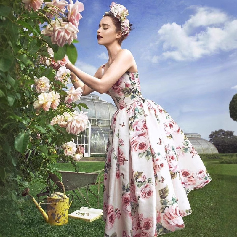22083 European and American Summer New Retro Rose Print Waist-Cinching Mid-Length Dress for Women, Sexy Flared Strap Dress