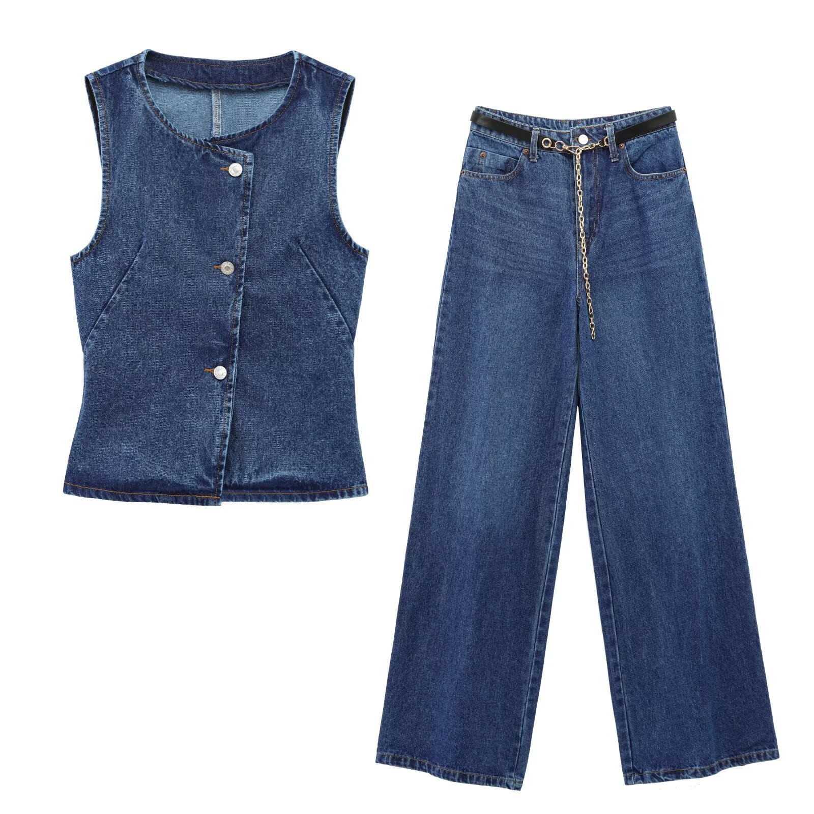 Conjunto de chaleco vaquero y pantalones anchos para mujer_voghion.com