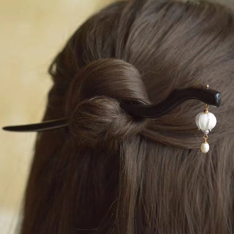 B52 흰 난초 머리핀 [천연 흑단]