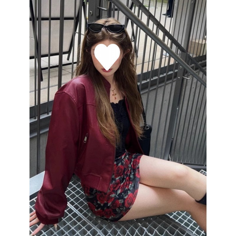 アメリカのレトロな赤いpuの皮の服のコートの女性の春と秋の高級感の小さい子供の機関車の服のジャケットの短い上着|undefined