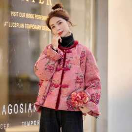 新中式风复古印花羽绒服女短款毛领盘扣减龄年货款粉色外套