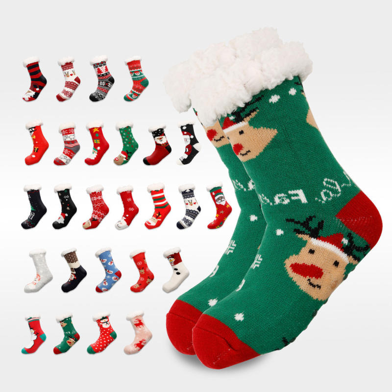 Hot-Selling Thick Warm Christmas Sherpa Wool-Lined Thermal Winter Knit Crew Socks with Grip for Christmas