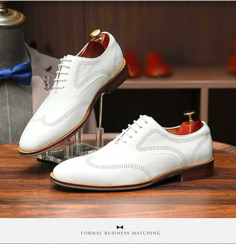 Britiske brogues udskårne herresko i ægte læder, hvide bryllupsbrudepigesko, bryllupsbrudgomssko, herresko i læder, afslappet business-stil_voghion.com