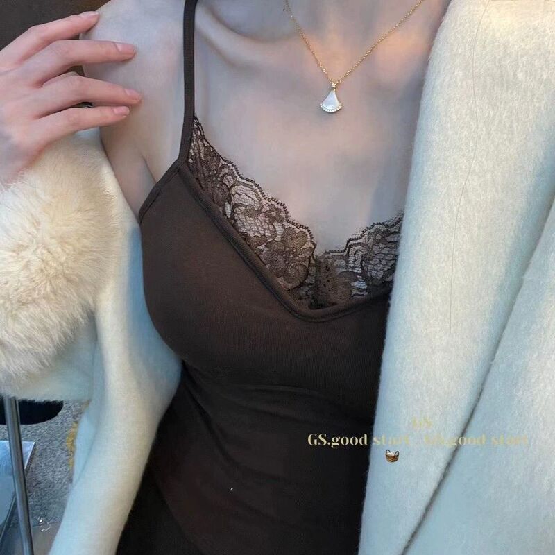 With pure want ceiling_lace small camisole women's autumn and winter new with chest pad warm bottoming coat