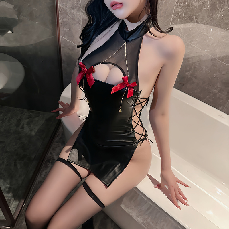 Sexy Underwear Dark Cheongsam Test Split miniskirt Imitation Leather Stretch Sexy Neck Breasts Temptation-Free Uniform