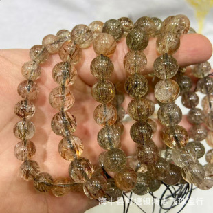 Natural Black Gold Super Seven Bracelet Crystal Round Bead Crystal Transparent Black Gold Super Seven Bracelet Black Gold Hair Full and Clear