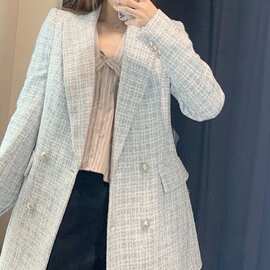2026秋季欧美女装批发粗花呢口袋装饰复古长袖西装外套