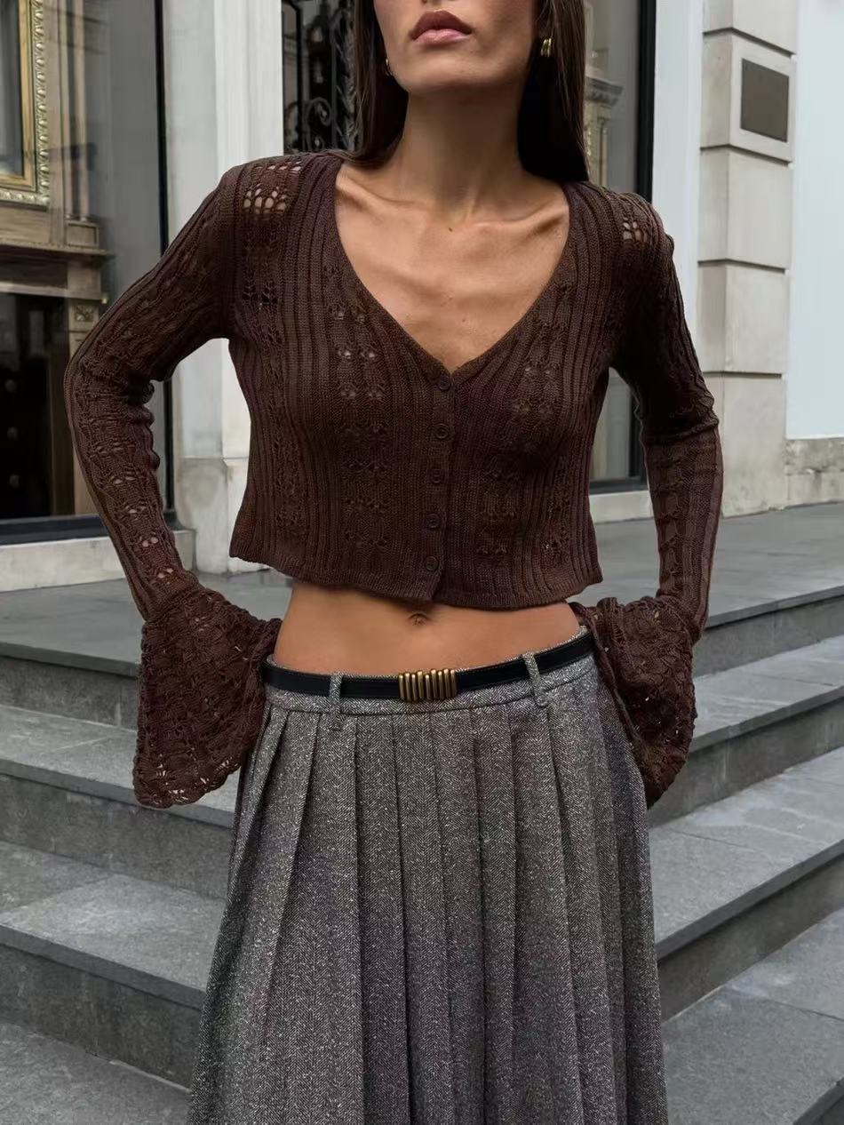 Women's Hollow-out Cardigan Long-sleeve V-neck Solid Colour Top_voghion.com