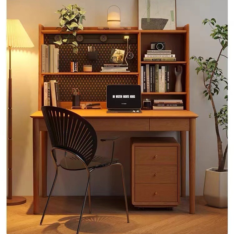 Scandinavian Solid Wood Desk Bookshelf Integrated Small Apartment Study Table Writing Desk Cherry Wood Desk Japanese Computer Desk