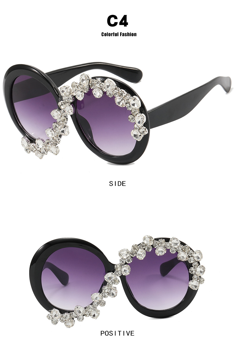 Exaggerated Style Grey, Black Color Exaggerated Round Ac UV400 Protection Round Frame Diamond Full Frame Women's Sunglasses