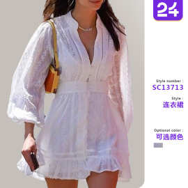 2026秋季跨境新款欧美女装连衣裙v领长袖纯色甜美系带荷叶边短裙
