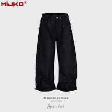 MIJKO男装女刷蜡Baggy牛仔弯刀裤男女同款猫须侧边设计黑多码长裤