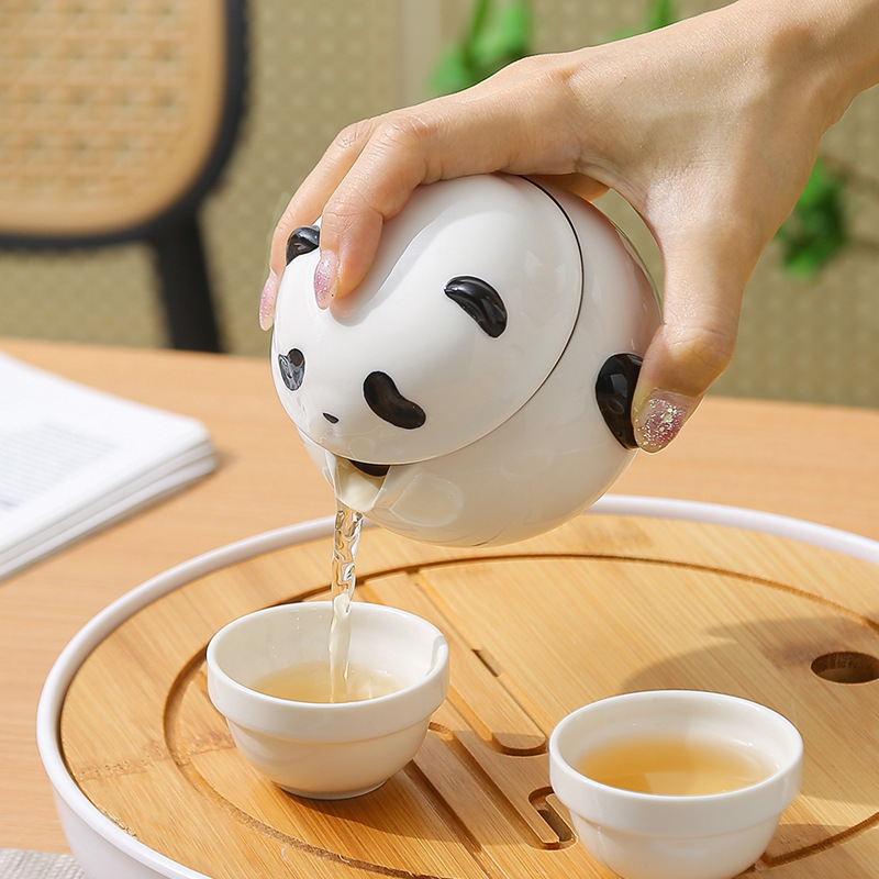 Juego de Té de Viaje Portátil de Panda de 1 Tetera y 3 Tazas de Porcelana para Viajes