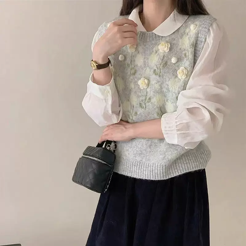 手工秋冬款韩系简约立体花朵针织马甲女宽松休闲百搭上衣深灰色