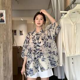 Hers一勺甜海边度假风复古碎花系带防晒七分袖衬衫女夏季薄款衬衣