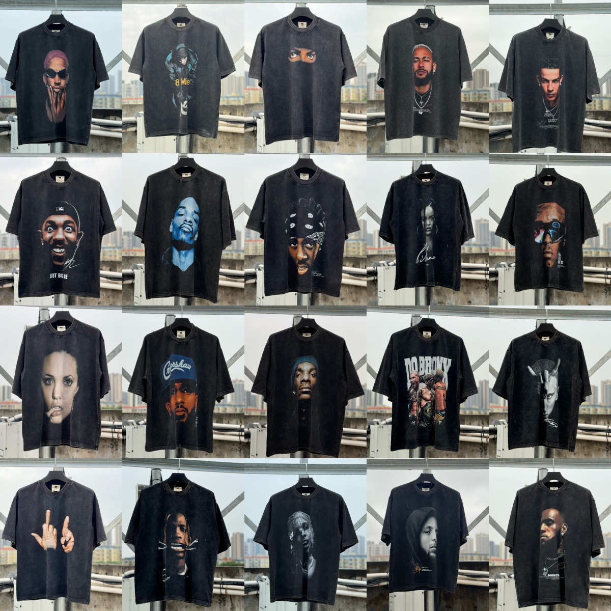 European and American Street Retro Washing Water Dressed Big Bug Rodman Figure Printed Short Sleeve Loose Hip Hop Trendy T-Shirt for Men and Women