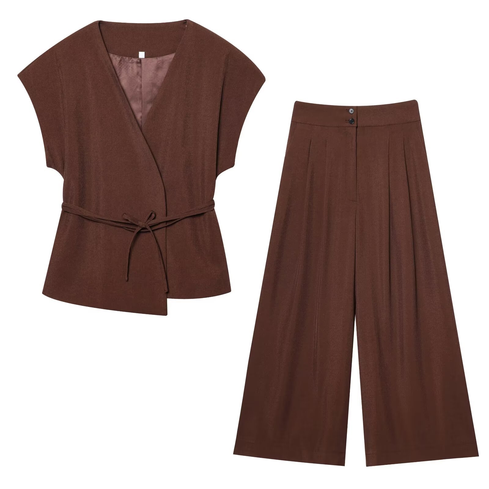 Cross-border Foreign Trade Women's Clothing 2025 Summer European And American Style V-neck Tie Top + Pleated Pants Set_ecoleips.com