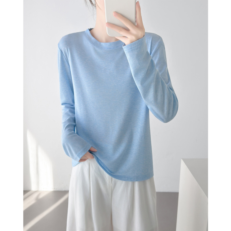 Air Conditioning T-Shirt, Cool Tencel Short-Sleeve Linen Round-Neck T-Shirt, Summer Thin Loose Versatile Long-Sleeve Sun Protection Shirt for Women