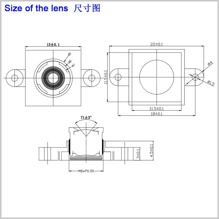 3.6MM 초점 거리 M8 * 0.35 인터페이스 낮은 왜곡 얼굴 인식 렌즈 13MP HD 얼굴 스캐닝 렌즈