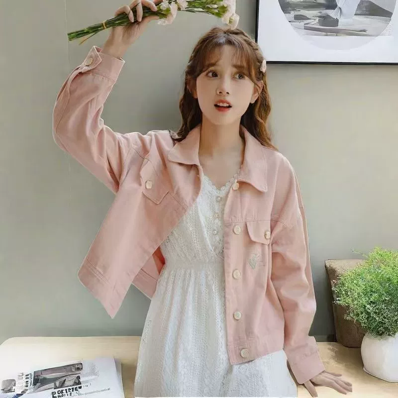 Женская джинсовая куртка в японском стиле, розовая, весна-осень 2025, новая повседневная тонкая куртка, короткий милый топ с вышивкой для студенток