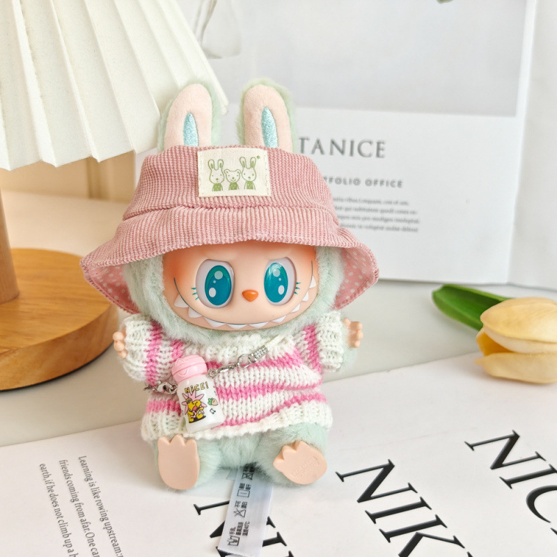 17 センチメートルビニールぬいぐるみマカロンラブブ LABUBU ベビー服ピンクのガーゼスカートヘアアクセサリー交換服|undefined