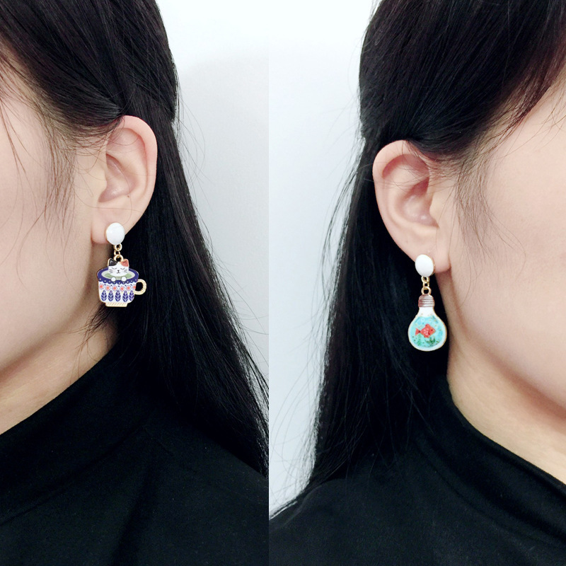9g Weight Drop Earrings Classification 1 Pair Quantity Daily Occasion Alloy Material Cat Pattern Women'S Gender Enamel Design Cute Style Cute Cat Alloy Enamel Women's Drop Earrings 1 Pair 11