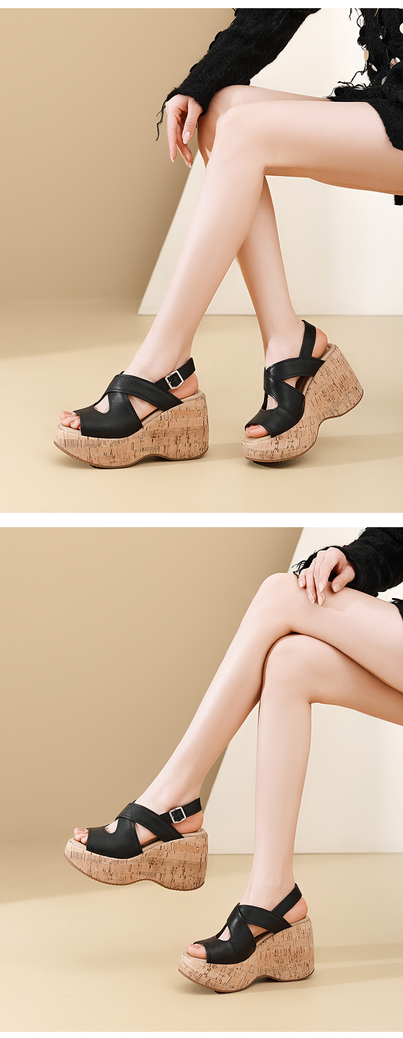 Sandal cao gót nữ hở mũi đế xuồng platform da bò thật quai chéo kiểu La Mã — màu đen, màu nâu nhạt chi tiết 9