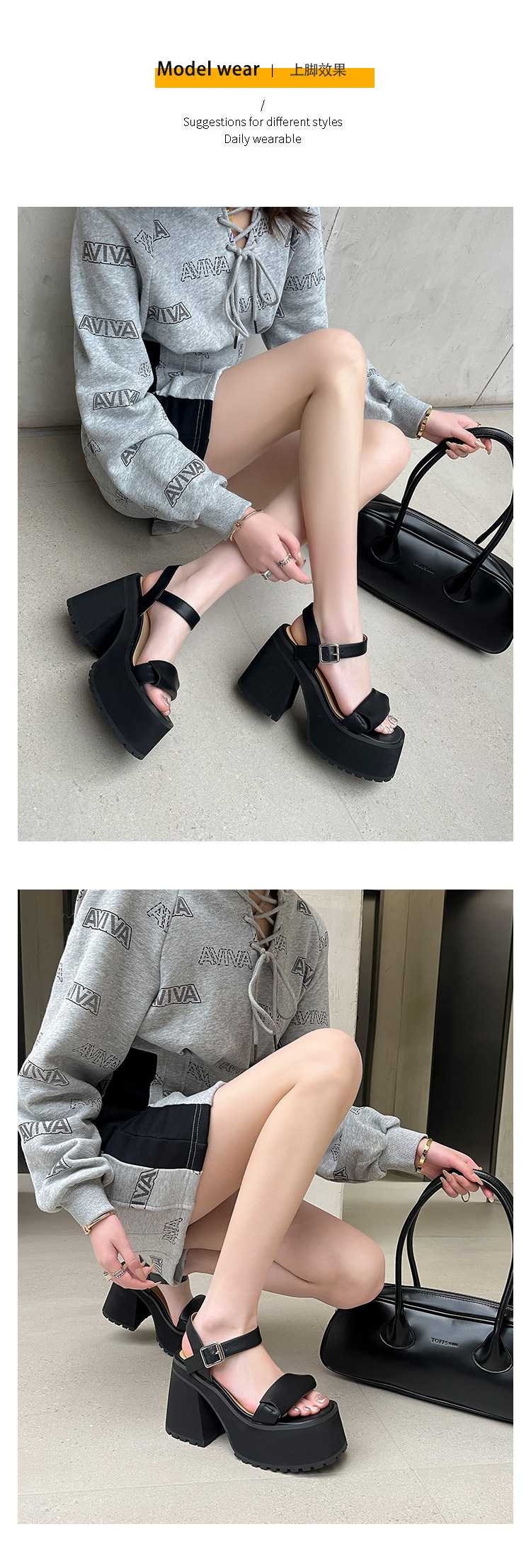 Sandal quai ngang đế dày gót vuông phong cách La Mã, đế platform tăng chiều cao, siêu nhẹ không mỏi chân — Màu đen chi tiết 6