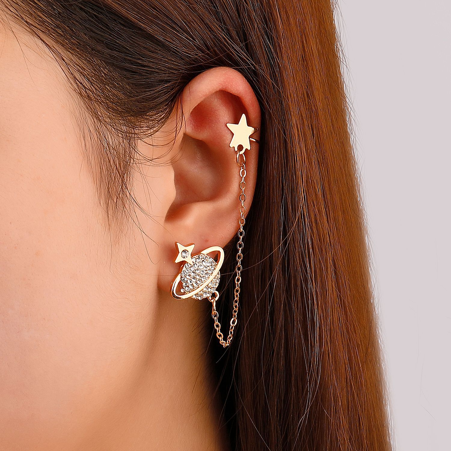 Wholesale Jewelry Long Chain Planet Inlaid Zircon Ear Clip Single Nihaojewelry display picture 2