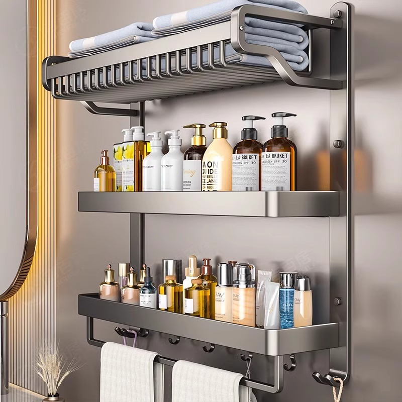 Space Aluminum Towel Rack Bathroom Storage Rack Integrated Punch-Free Bathroom Bathroom Wall-Mounted Toilet Towel Rack