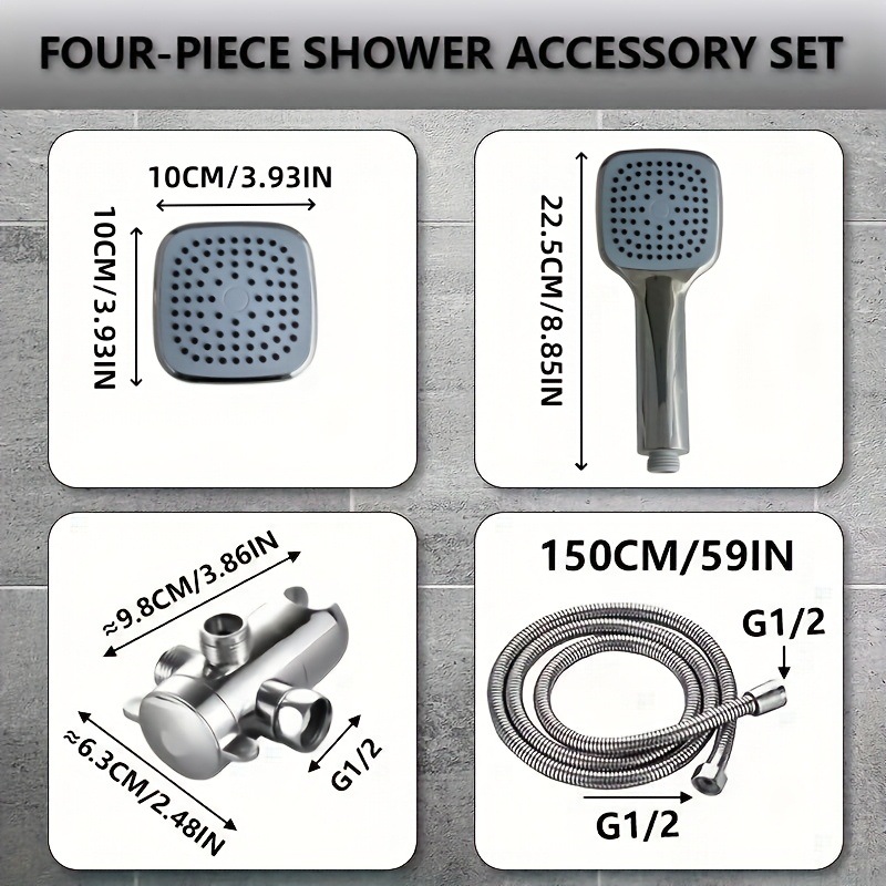 American-style square small hanging head set with bracket, three-way water distributor, explosion-proof flexible hose, square hand-held shower head cover details Picture
