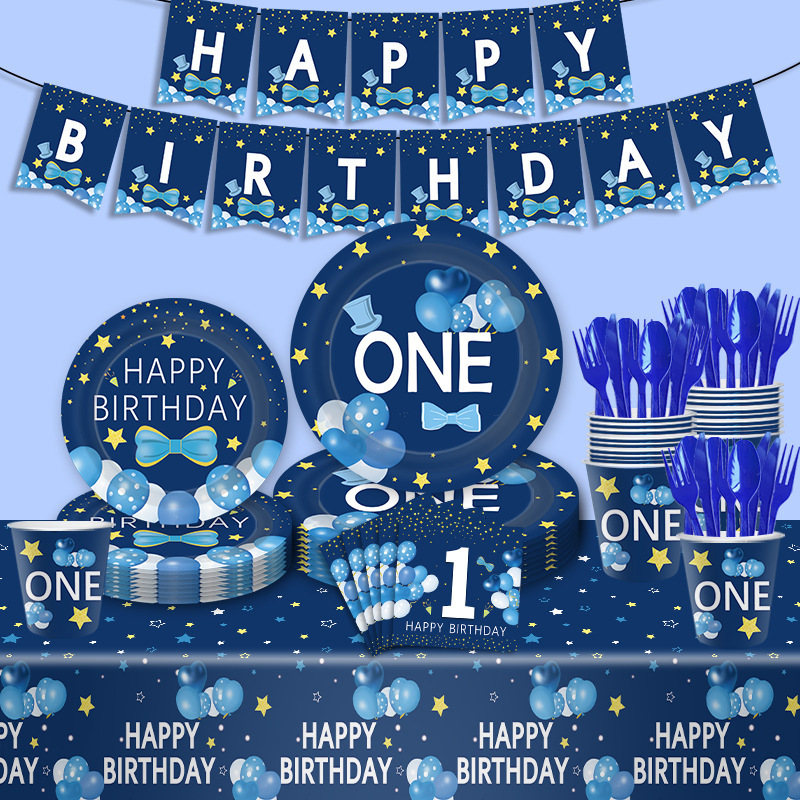 New Boy Blue First Birthday Party Tableware Disposable Paper Plate Paper Cup Tissue Party Supplies Set