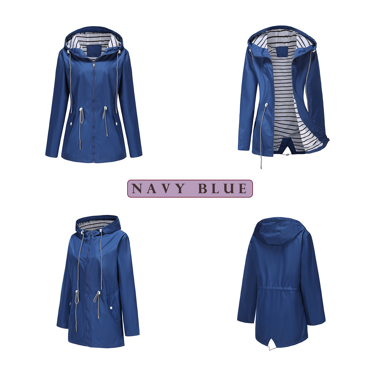 új hosszú ujjú, fröccsenésálló, hosszú széldzseki, női kapucnis, csíkos esőkabát, keresztpántos, plus size női ruházat_voghion.com