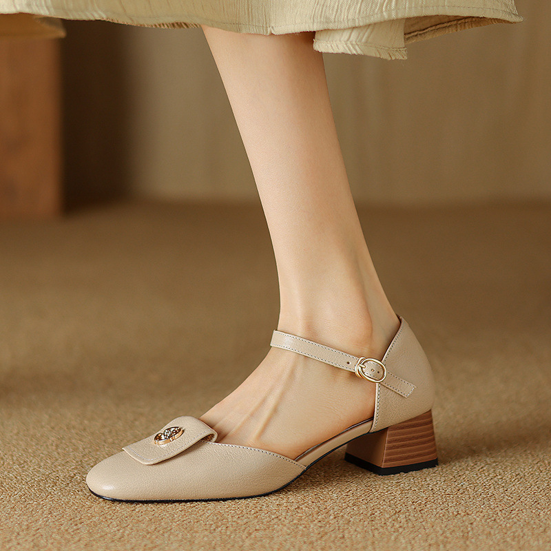 Sandal nữ quai ngang mũi bao da cừu cao cấp, gót vuông ổn định — Màu trắng be chi tiết 20