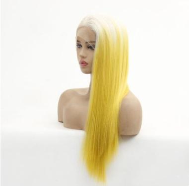 Europa y América de moda damas mitad gancho de mano frente encaje sombrero de color amarillo largo cabello recto peluca fábrica al por mayor LW0171