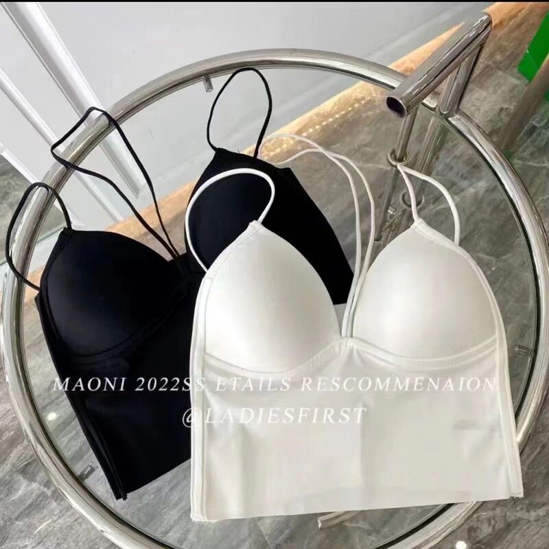 Ice Silk Halter Neck Deep V Backless Tube Top Outerwear with Fixed Cup Bra and Chest Pads for Women