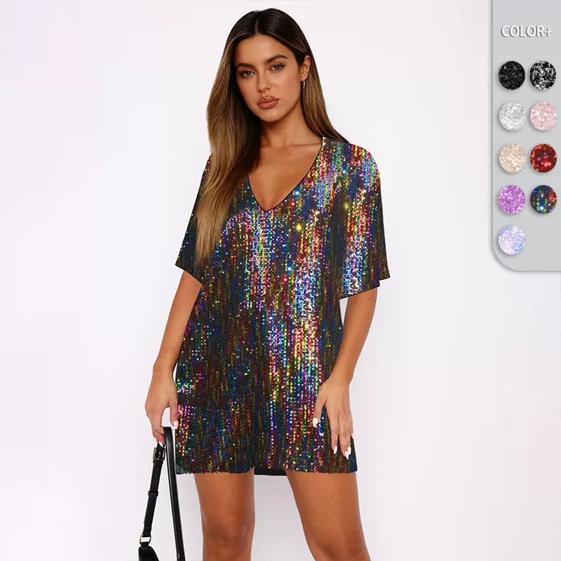 希音爆款跨境现货批发欧美V领亮片裙装宽松优雅精致两穿款连衣裙