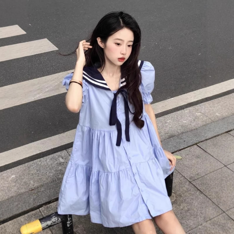 Navy Collar Dress for Women, New Summer Style, Sweet College Style, Waist-Cinching, Slimming, Niche Short-Sleeved Dress