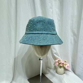 重工手工水钻水洗牛仔渔夫帽子女春夏韩版时尚休闲盆帽防晒遮阳帽